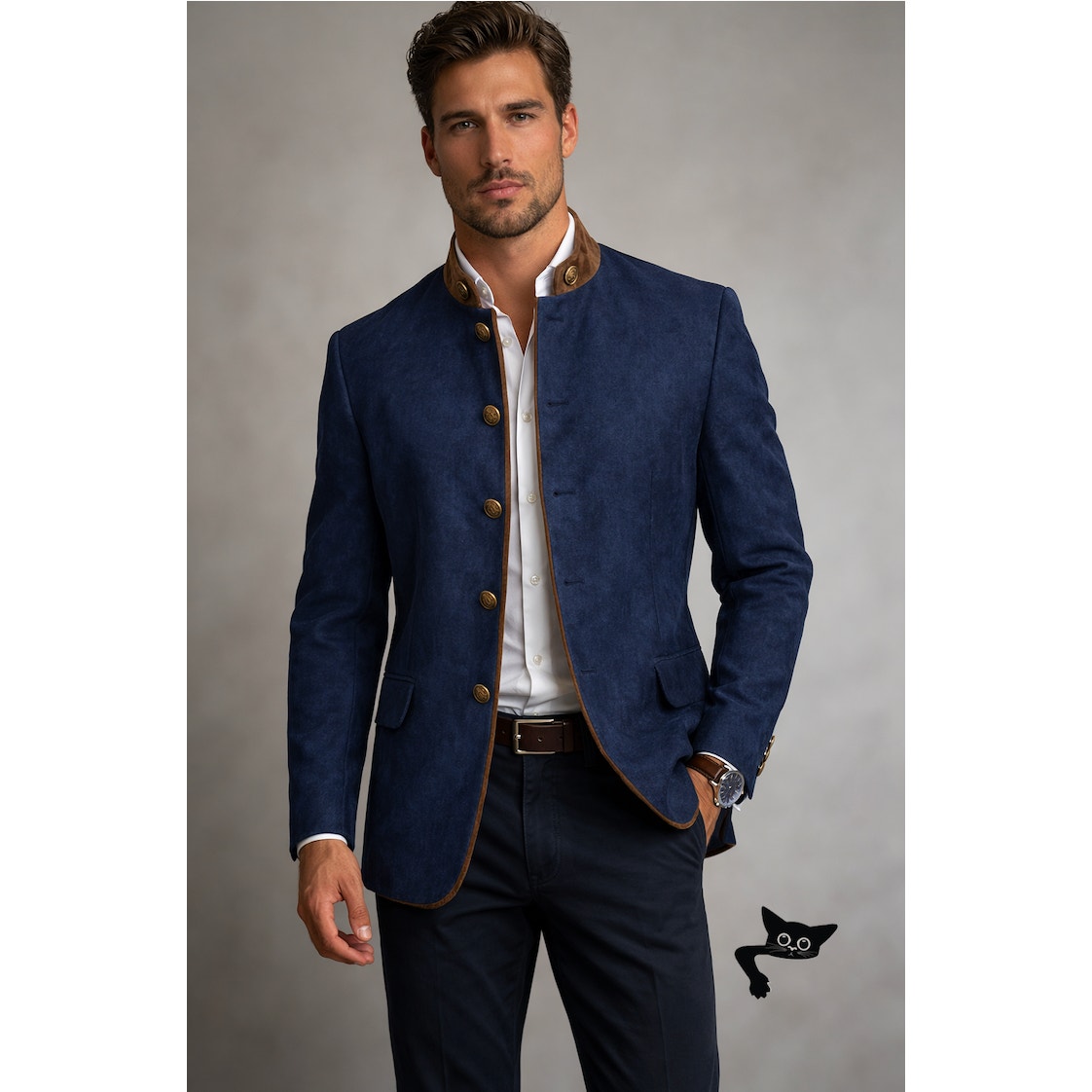 Windsor Men’s Stand-Collar Blue Blazer Us 34 (Eu 44) Suede Trim